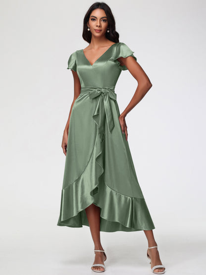 Dusty Sage Bridesmaid Dress Tea-Length Short Sleeves Ruffles A-Line Stretch Satin Bridesmaid Dresses
