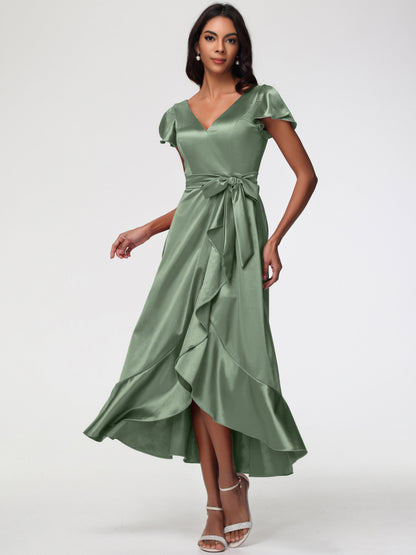 Dusty Sage Bridesmaid Dress Tea-Length Short Sleeves Ruffles A-Line Stretch Satin Bridesmaid Dresses