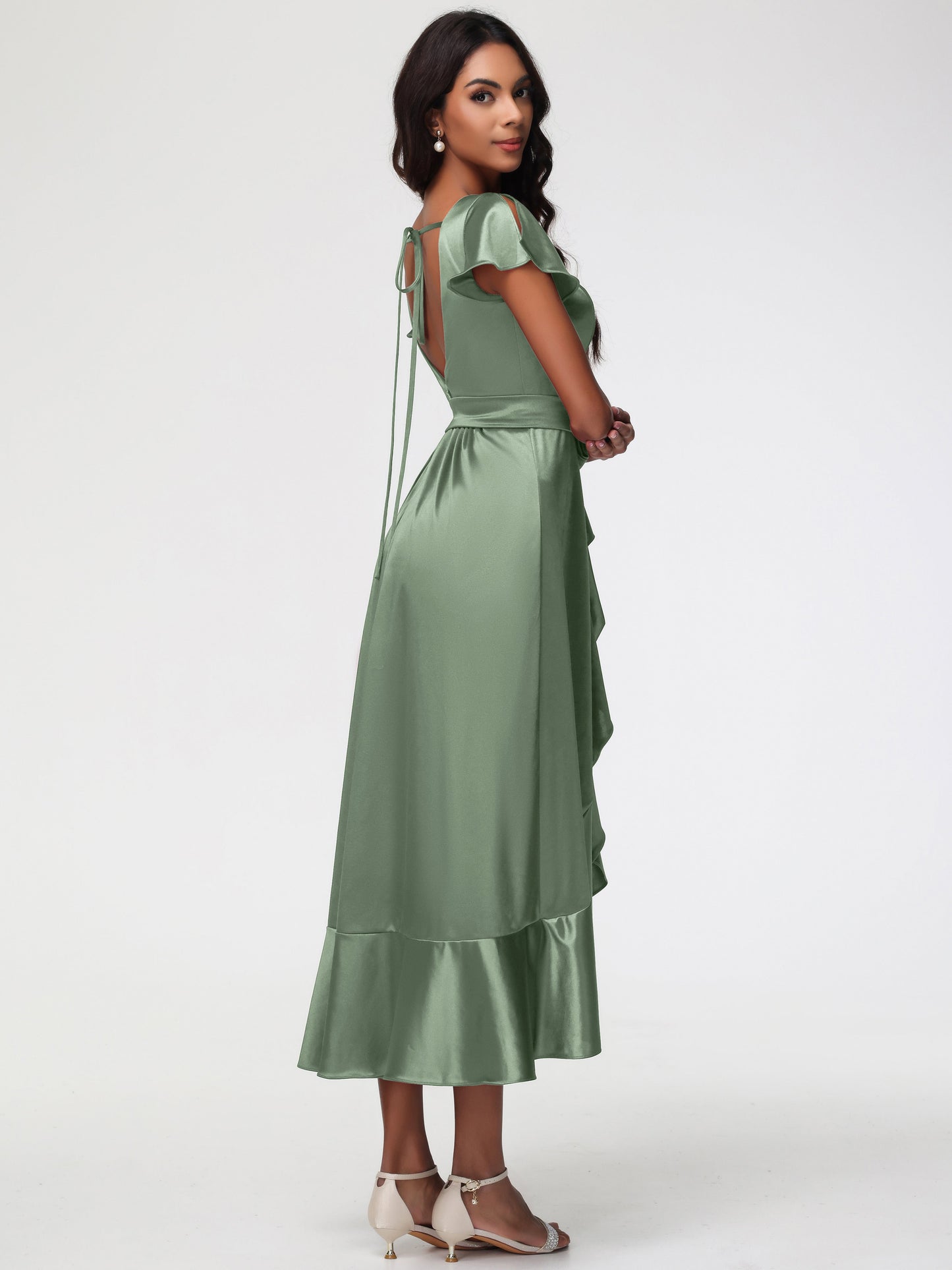 Dusty Sage Bridesmaid Dress Tea-Length Short Sleeves Ruffles A-Line Stretch Satin Bridesmaid Dresses