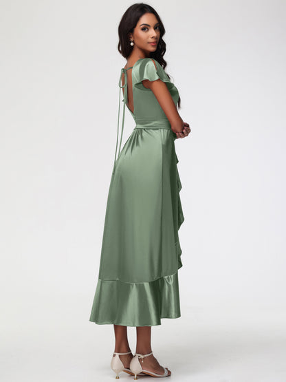 Dusty Sage Bridesmaid Dress Tea-Length Short Sleeves Ruffles A-Line Stretch Satin Bridesmaid Dresses