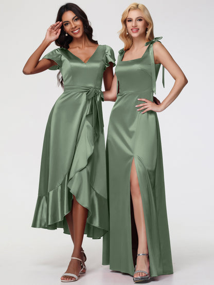 Dusty Sage Bridesmaid Dress Tea-Length Short Sleeves Ruffles A-Line Stretch Satin Bridesmaid Dresses