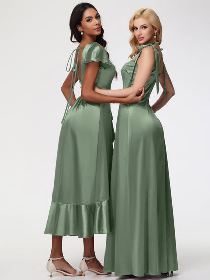 Dusty Sage Bridesmaid Dress Tea-Length Short Sleeves Ruffles A-Line Stretch Satin Bridesmaid Dresses