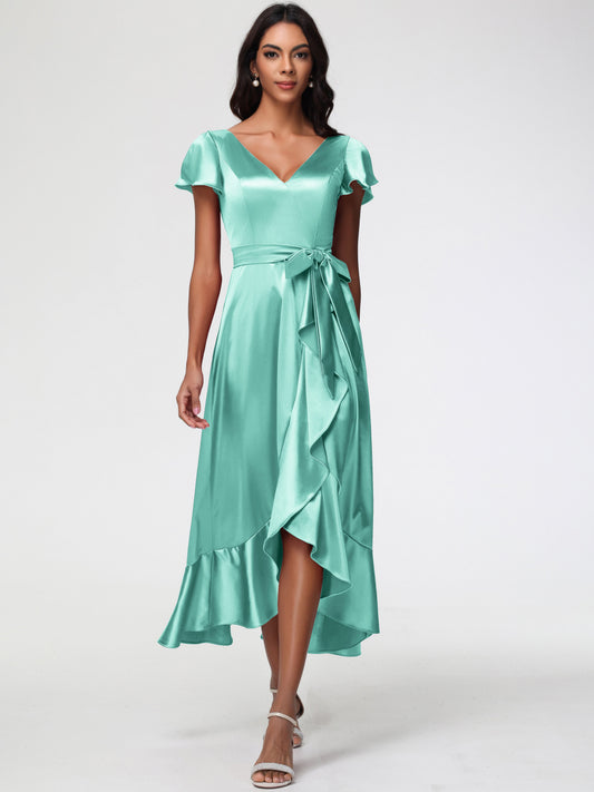 Mint Green Dress Bridesmaid Tea-Length Short Sleeves Ruffles A-Line Stretch Satin Bridesmaid Dresses