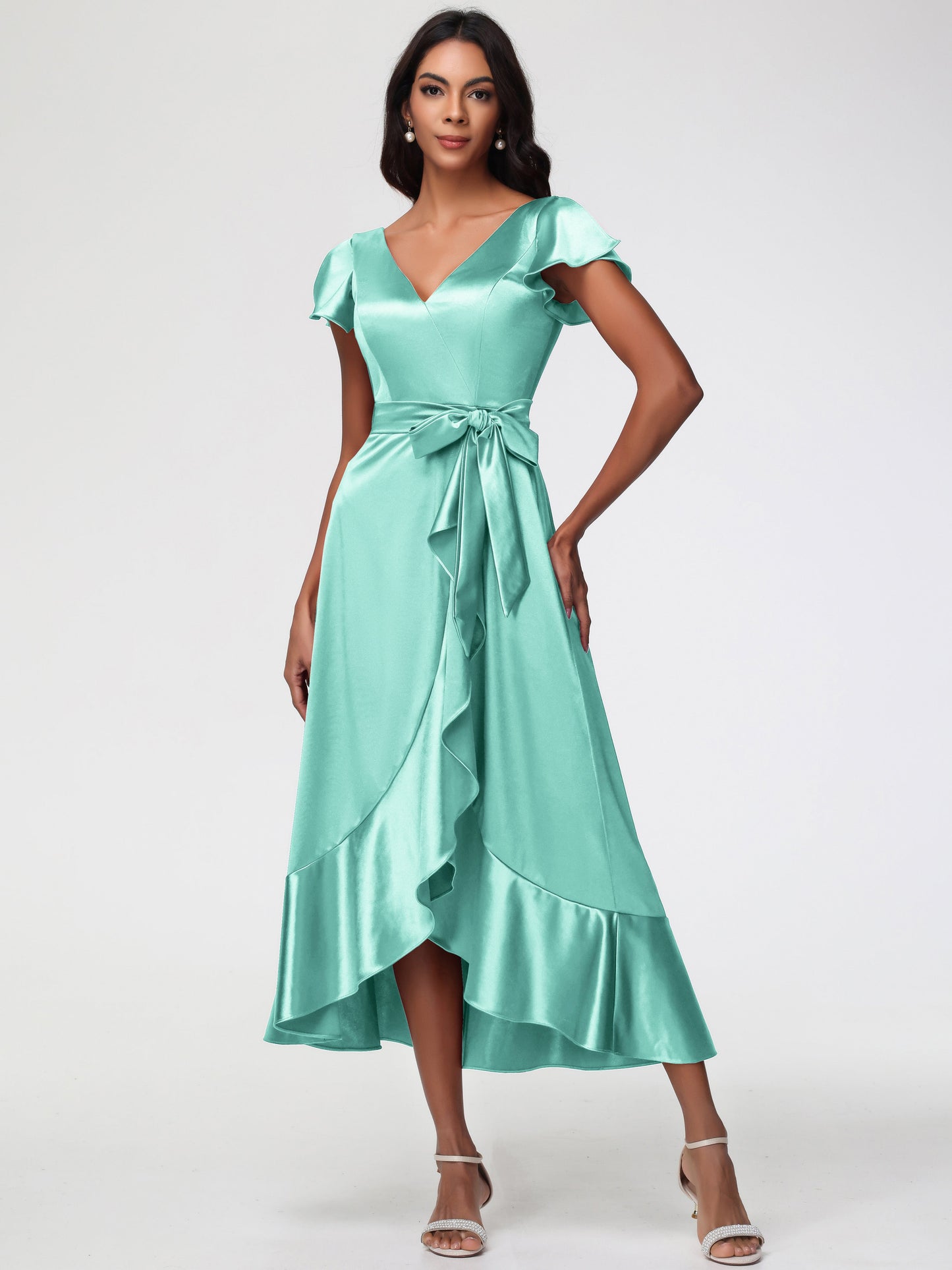Mint Green Dress Bridesmaid Tea-Length Short Sleeves Ruffles A-Line Stretch Satin Bridesmaid Dresses