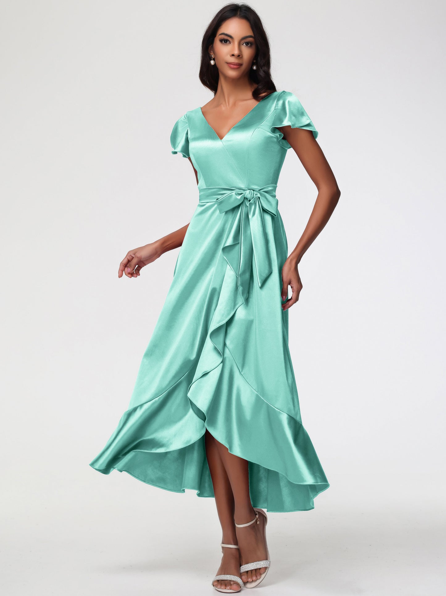 Mint Green Dress Bridesmaid Tea-Length Short Sleeves Ruffles A-Line Stretch Satin Bridesmaid Dresses