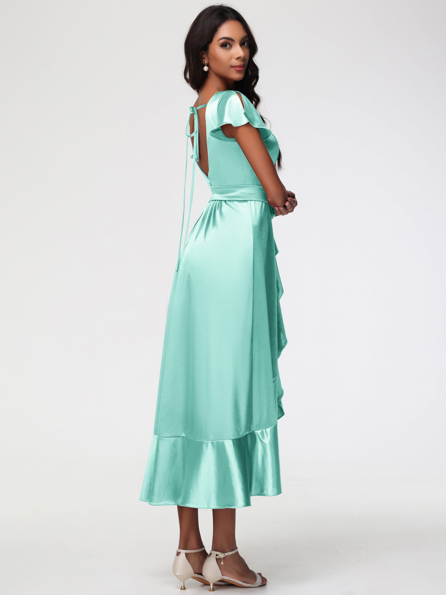 Mint Green Dress Bridesmaid Tea-Length Short Sleeves Ruffles A-Line Stretch Satin Bridesmaid Dresses
