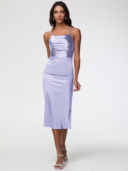 Tea Length Lavender Bridesmaid Dresses Tea-Length Spaghetti Straps Square Neckline Sleeveless Stretch Satin Bridesmaid Dresses