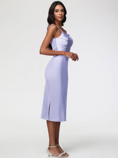 Tea Length Lavender Bridesmaid Dresses Tea-Length Spaghetti Straps Square Neckline Sleeveless Stretch Satin Bridesmaid Dresses