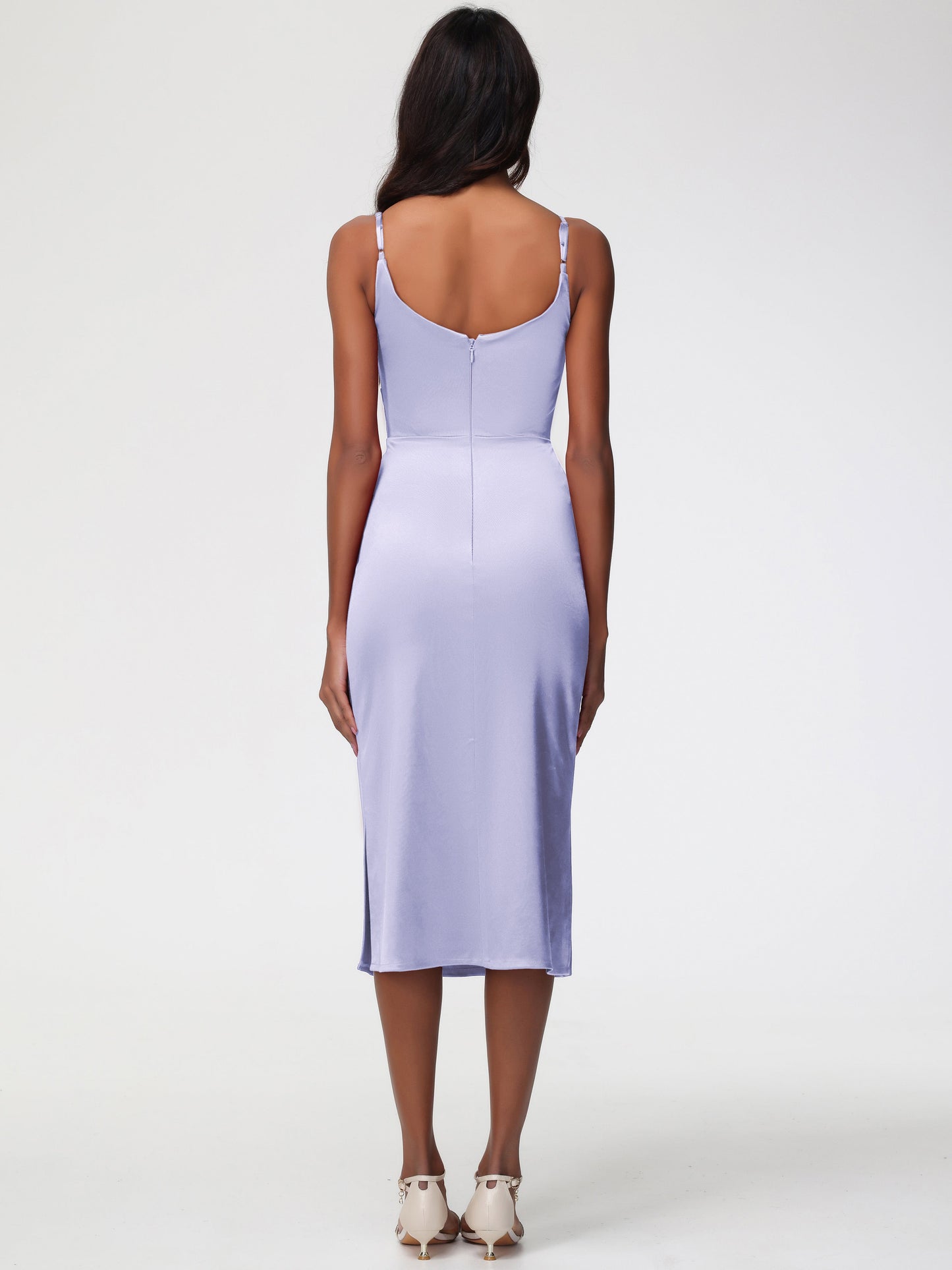 Tea Length Lavender Bridesmaid Dresses Tea-Length Spaghetti Straps Square Neckline Sleeveless Stretch Satin Bridesmaid Dresses