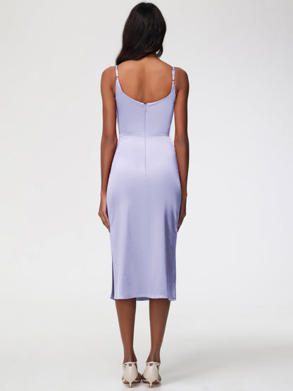 Tea Length Lavender Bridesmaid Dresses Tea-Length Spaghetti Straps Square Neckline Sleeveless Stretch Satin Bridesmaid Dresses