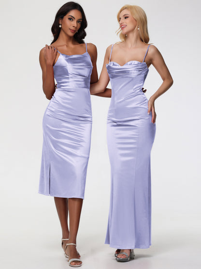 Tea Length Lavender Bridesmaid Dresses Tea-Length Spaghetti Straps Square Neckline Sleeveless Stretch Satin Bridesmaid Dresses