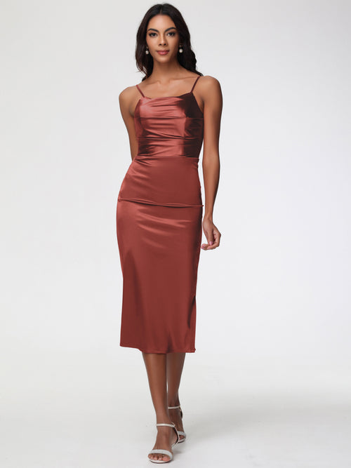 Rust Bridesmaids Dress Tea-Length Spaghetti Straps Square Neckline Sleeveless Stretch Satin Bridesmaid Dresses