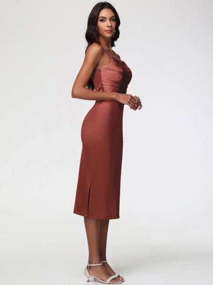 Rust Bridesmaids Dress Tea-Length Spaghetti Straps Square Neckline Sleeveless Stretch Satin Bridesmaid Dresses