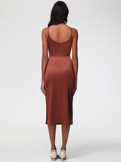 Rust Bridesmaids Dress Tea-Length Spaghetti Straps Square Neckline Sleeveless Stretch Satin Bridesmaid Dresses