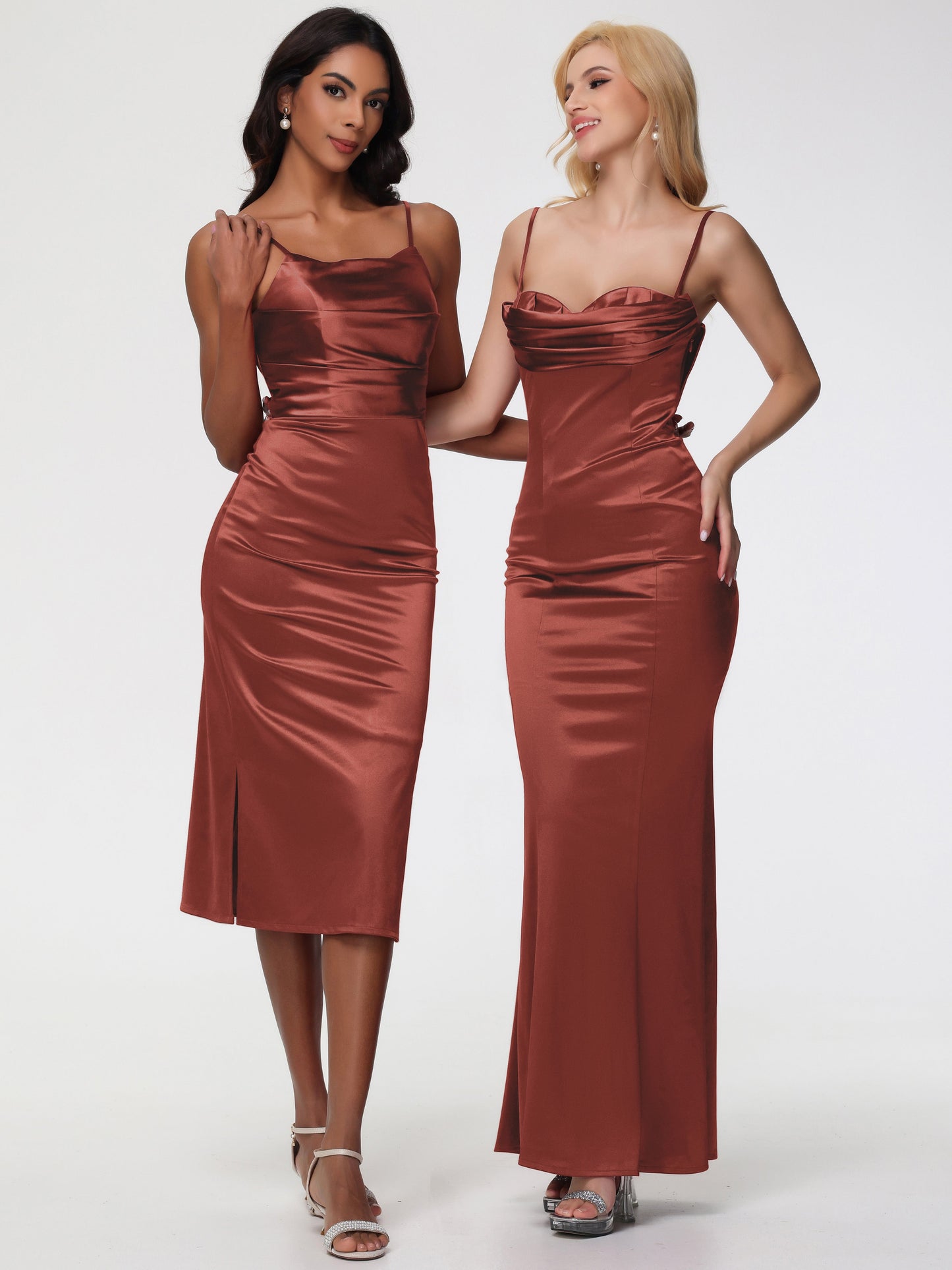 Rust Bridesmaids Dress Tea-Length Spaghetti Straps Square Neckline Sleeveless Stretch Satin Bridesmaid Dresses