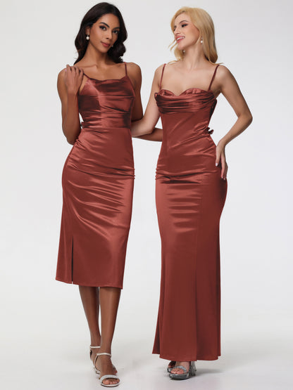 Rust Bridesmaids Dress Tea-Length Spaghetti Straps Square Neckline Sleeveless Stretch Satin Bridesmaid Dresses