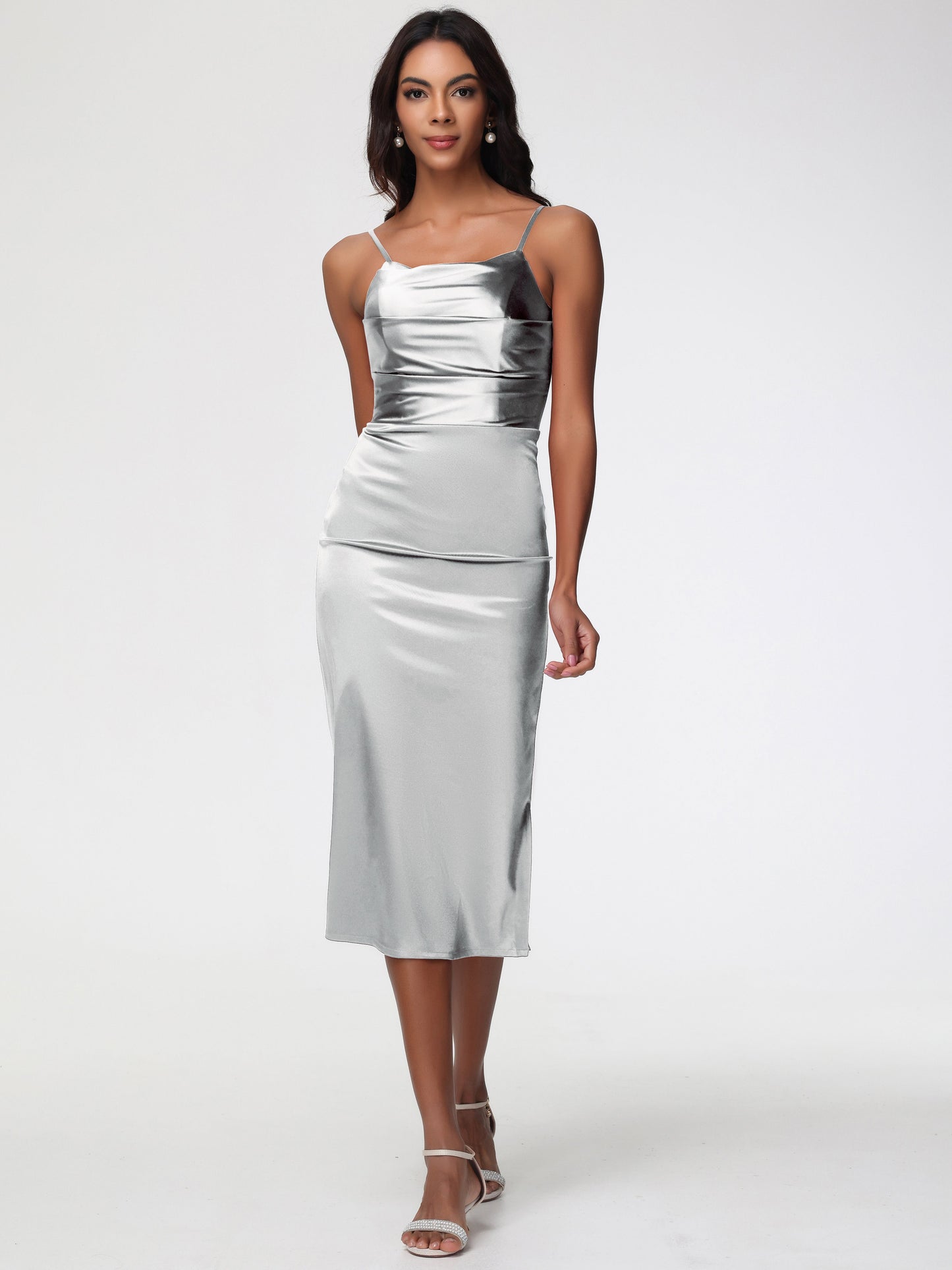Silver Bridesmaid Dresses Tea-Length Spaghetti Straps Square Neckline Sleeveless Stretch Satin Bridesmaid Dresses