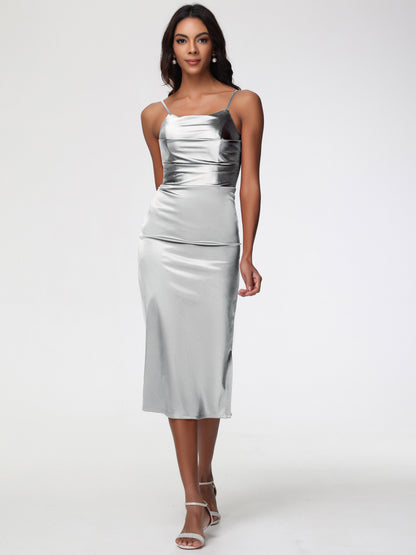 Silver Bridesmaid Dresses Tea-Length Spaghetti Straps Square Neckline Sleeveless Stretch Satin Bridesmaid Dresses