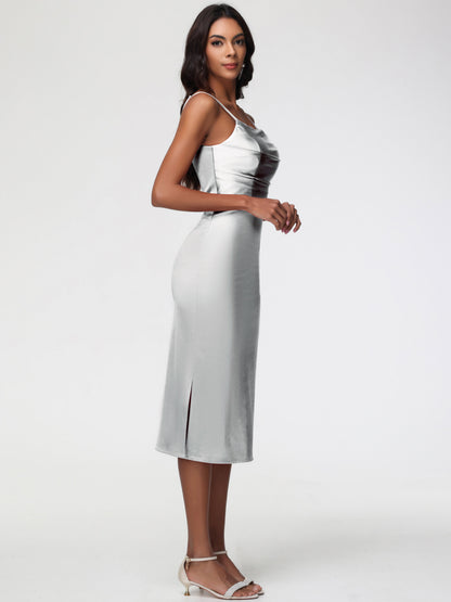 Silver Bridesmaid Dresses Tea-Length Spaghetti Straps Square Neckline Sleeveless Stretch Satin Bridesmaid Dresses