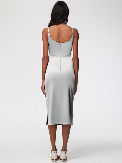 Silver Bridesmaid Dresses Tea-Length Spaghetti Straps Square Neckline Sleeveless Stretch Satin Bridesmaid Dresses