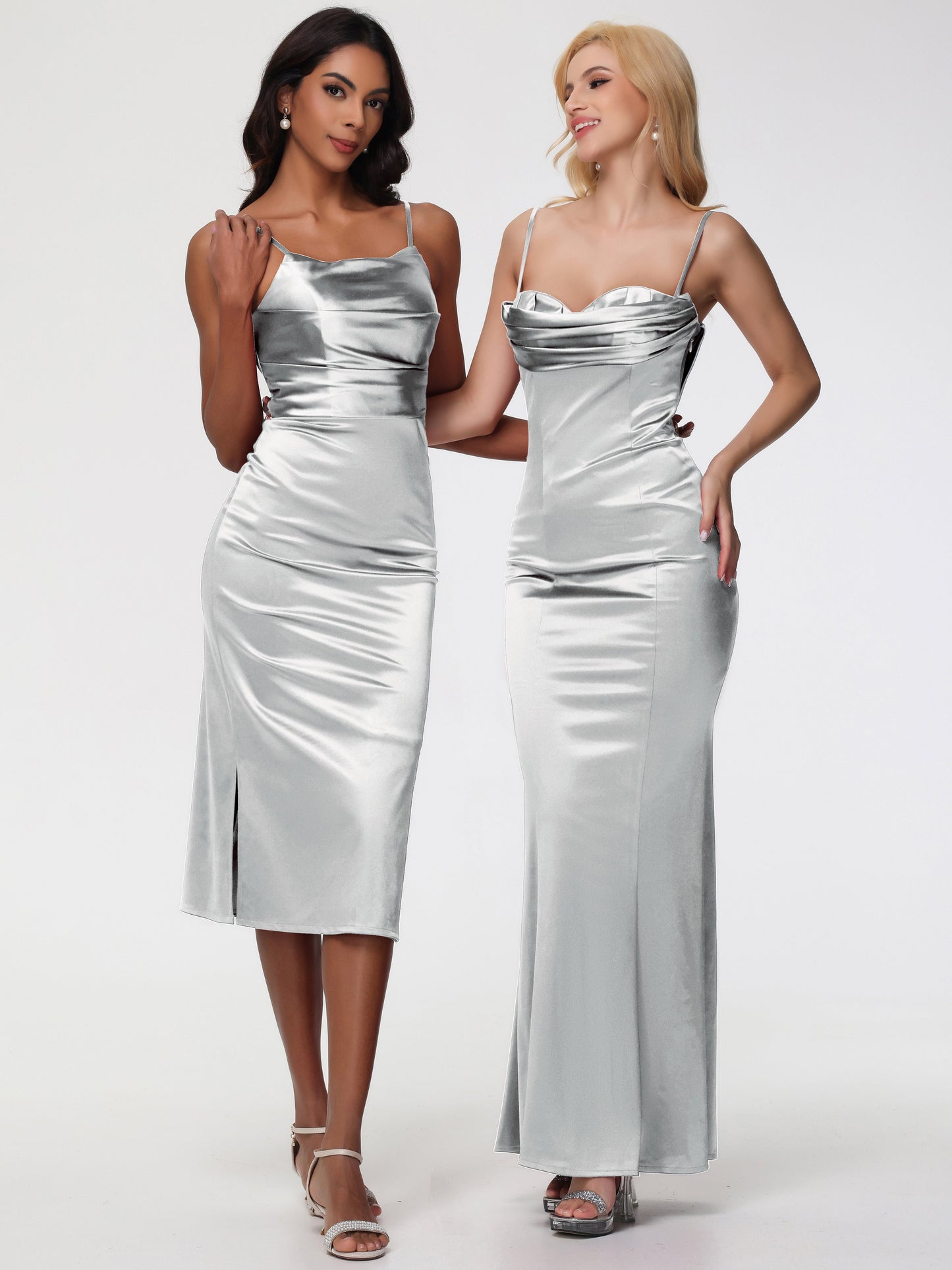 Silver Bridesmaid Dresses Tea-Length Spaghetti Straps Square Neckline Sleeveless Stretch Satin Bridesmaid Dresses