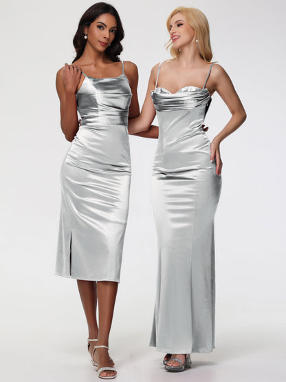 Silver Bridesmaid Dresses Tea-Length Spaghetti Straps Square Neckline Sleeveless Stretch Satin Bridesmaid Dresses