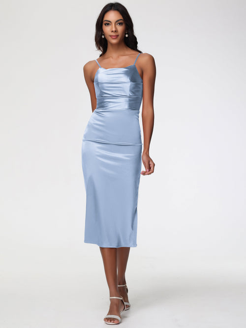 Sky Blue Bridesmaid Dresses Tea-Length Spaghetti Straps Square Neckline Sleeveless Stretch Satin Bridesmaid Dresses