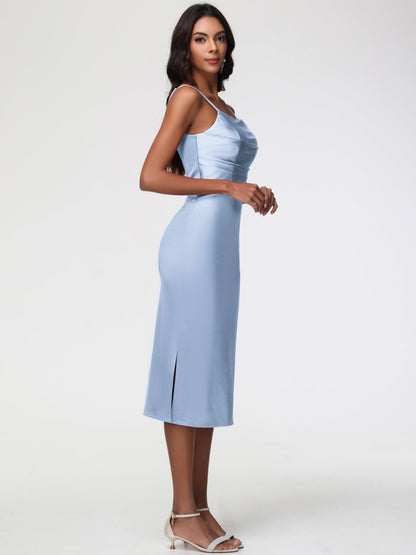 Sky Blue Bridesmaid Dresses Tea-Length Spaghetti Straps Square Neckline Sleeveless Stretch Satin Bridesmaid Dresses