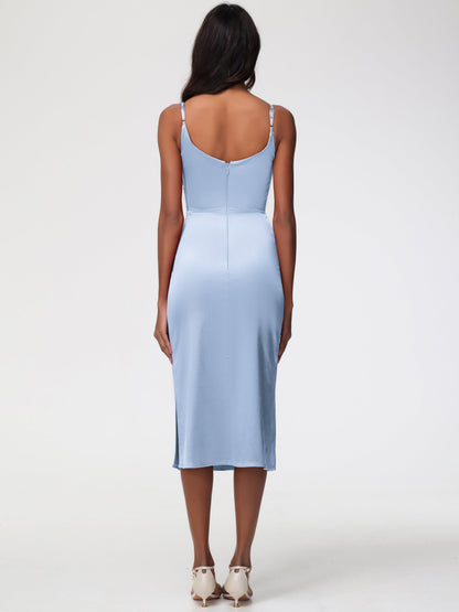Sky Blue Bridesmaid Dresses Tea-Length Spaghetti Straps Square Neckline Sleeveless Stretch Satin Bridesmaid Dresses