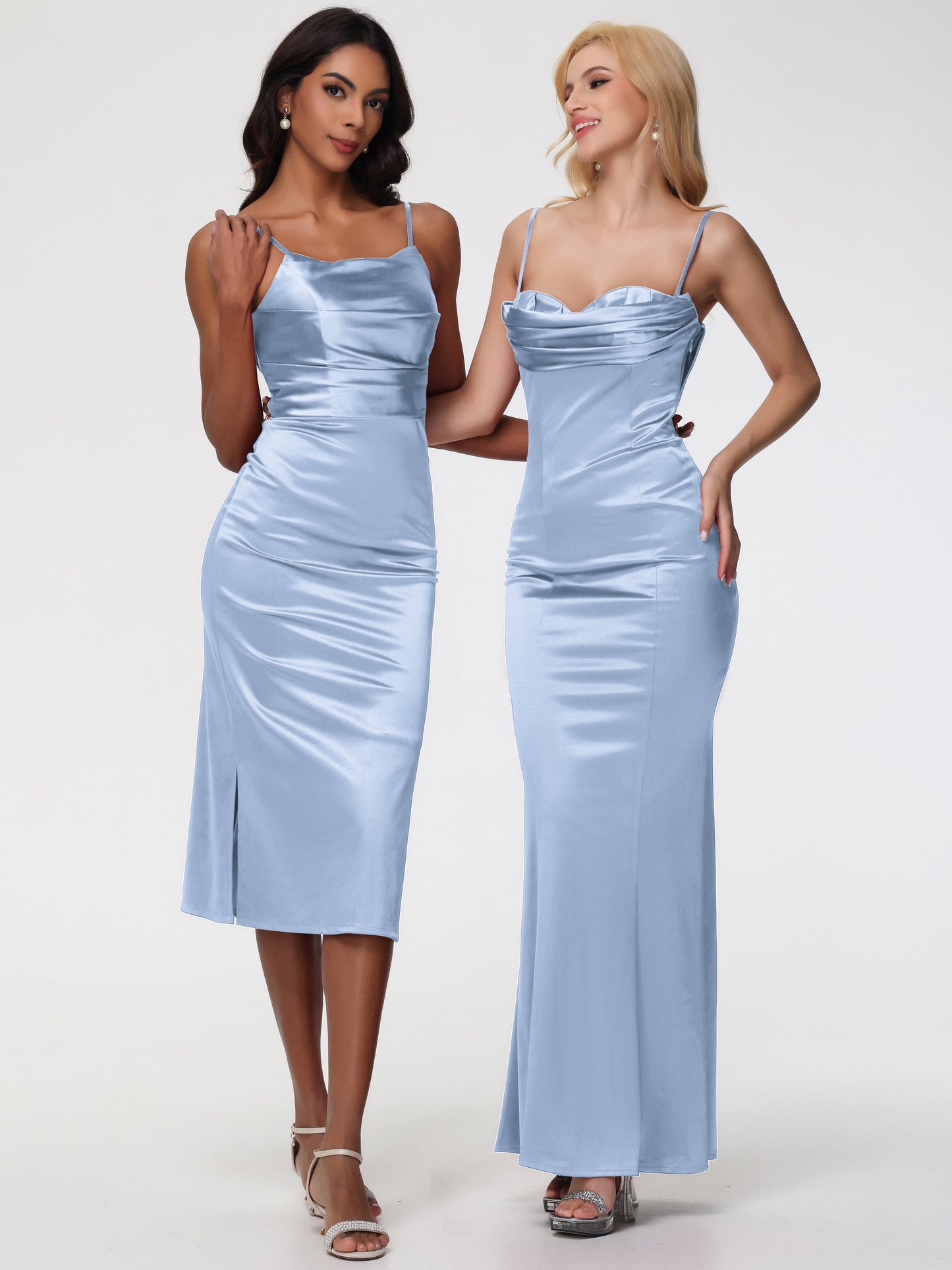 Sky Blue Bridesmaid Dresses Tea-Length Spaghetti Straps Square Neckline Sleeveless Stretch Satin Bridesmaid Dresses