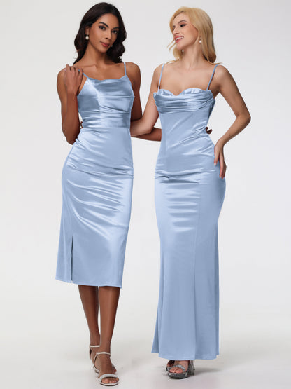 Sky Blue Bridesmaid Dresses Tea-Length Spaghetti Straps Square Neckline Sleeveless Stretch Satin Bridesmaid Dresses