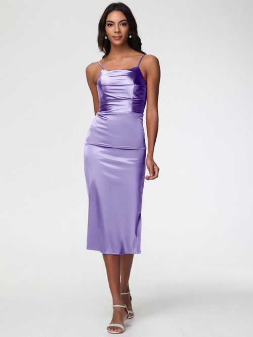 Tahiti Bridesmaid Dresses Tea-Length Spaghetti Straps Square Neckline Sleeveless Stretch Satin Bridesmaid Dresses