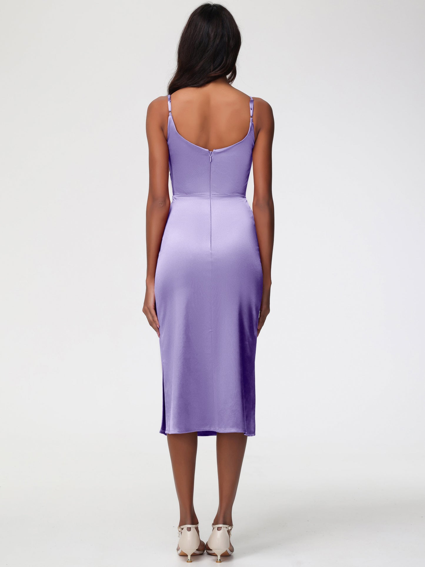 Tahiti Bridesmaid Dresses Tea-Length Spaghetti Straps Square Neckline Sleeveless Stretch Satin Bridesmaid Dresses
