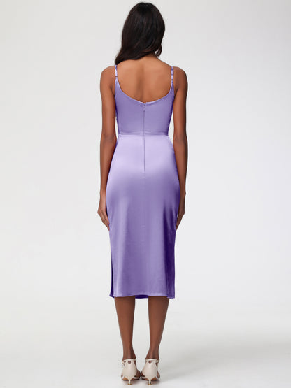 Tahiti Bridesmaid Dresses Tea-Length Spaghetti Straps Square Neckline Sleeveless Stretch Satin Bridesmaid Dresses