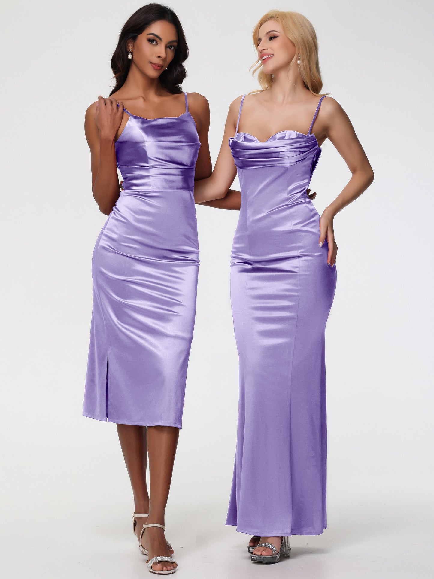 Tahiti Bridesmaid Dresses Tea-Length Spaghetti Straps Square Neckline Sleeveless Stretch Satin Bridesmaid Dresses
