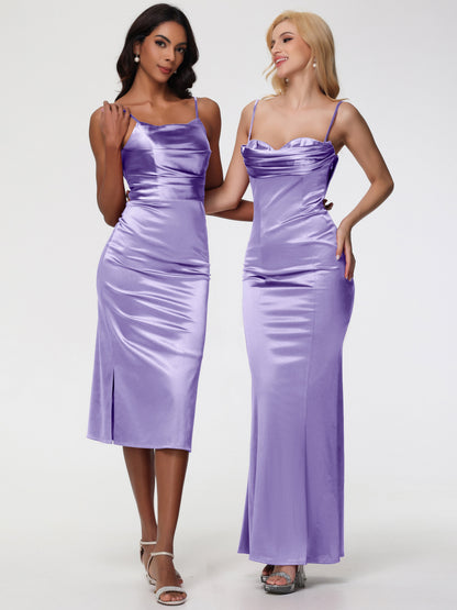 Tahiti Bridesmaid Dresses Tea-Length Spaghetti Straps Square Neckline Sleeveless Stretch Satin Bridesmaid Dresses