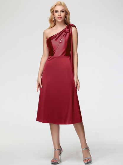 Burgundy Bridesmaid Dresses One Shoulder One Shoulder Tea-Length Sleeveless A-Line Stretch Satin Bridesmaid Dresses