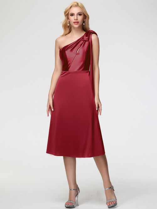 Burgundy Bridesmaid Dresses One Shoulder One Shoulder Tea-Length Sleeveless A-Line Stretch Satin Bridesmaid Dresses