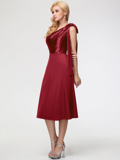 Burgundy Bridesmaid Dresses One Shoulder One Shoulder Tea-Length Sleeveless A-Line Stretch Satin Bridesmaid Dresses