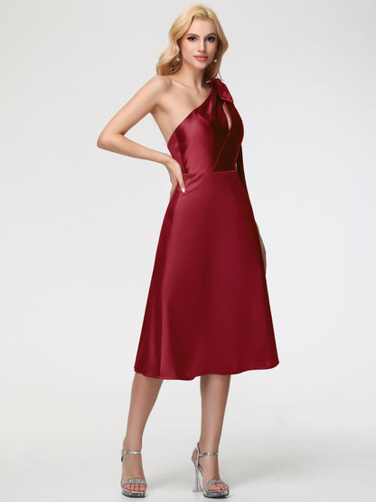 Burgundy Bridesmaid Dresses One Shoulder One Shoulder Tea-Length Sleeveless A-Line Stretch Satin Bridesmaid Dresses