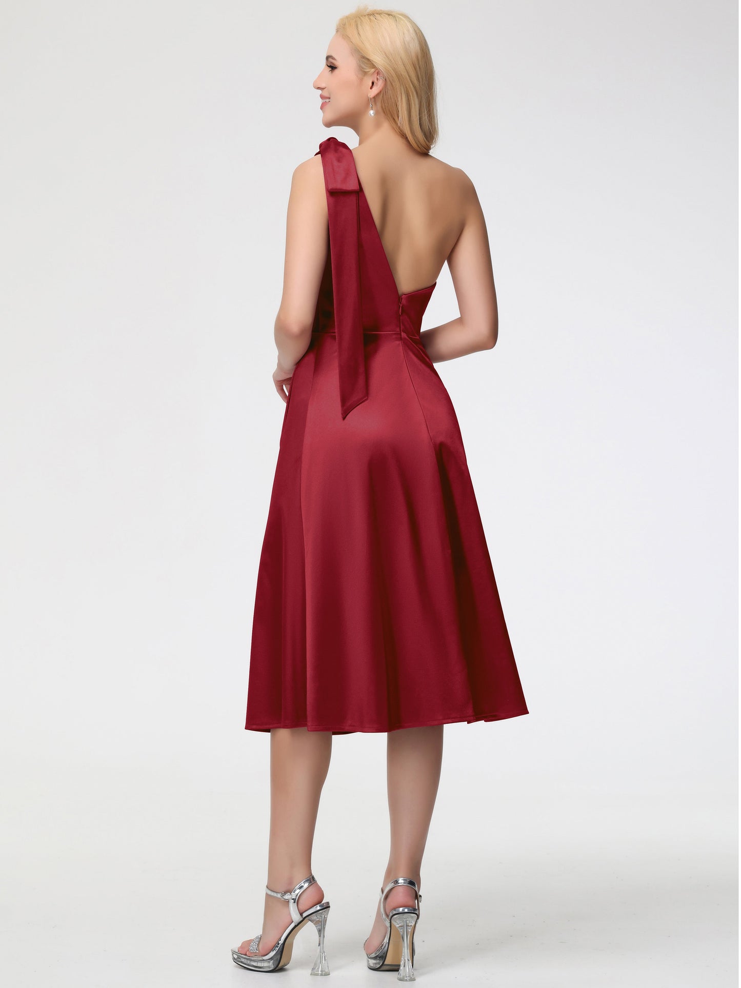Burgundy Bridesmaid Dresses One Shoulder One Shoulder Tea-Length Sleeveless A-Line Stretch Satin Bridesmaid Dresses