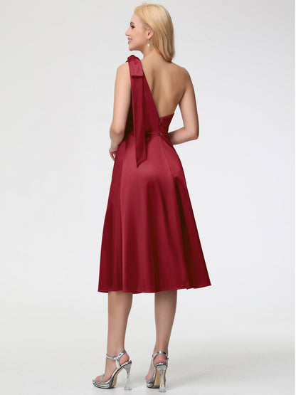 Burgundy Bridesmaid Dresses One Shoulder One Shoulder Tea-Length Sleeveless A-Line Stretch Satin Bridesmaid Dresses