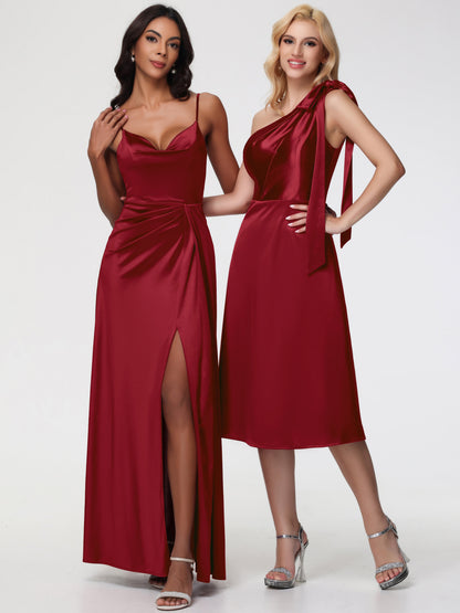 Burgundy Bridesmaid Dresses One Shoulder One Shoulder Tea-Length Sleeveless A-Line Stretch Satin Bridesmaid Dresses