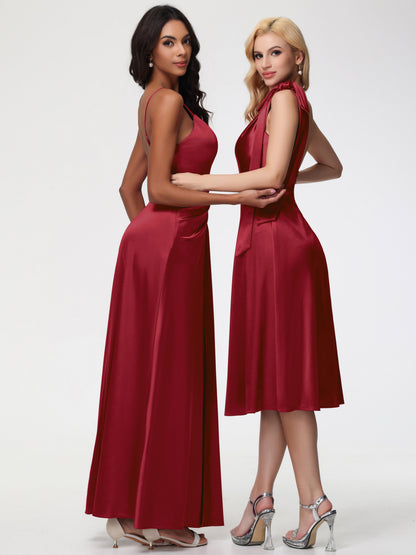 Burgundy Bridesmaid Dresses One Shoulder One Shoulder Tea-Length Sleeveless A-Line Stretch Satin Bridesmaid Dresses
