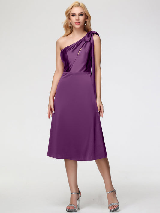 Grape Bridesmaid One Shoulder Tea-Length Sleeveless A-Line Stretch Satin Bridesmaid Dresses