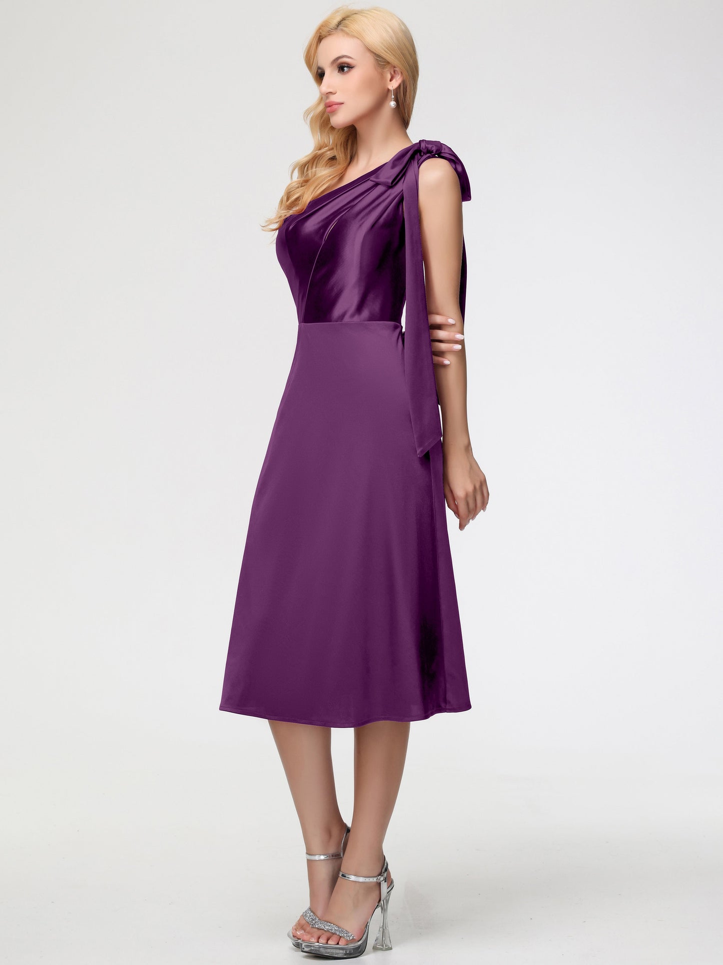 Grape Bridesmaid One Shoulder Tea-Length Sleeveless A-Line Stretch Satin Bridesmaid Dresses