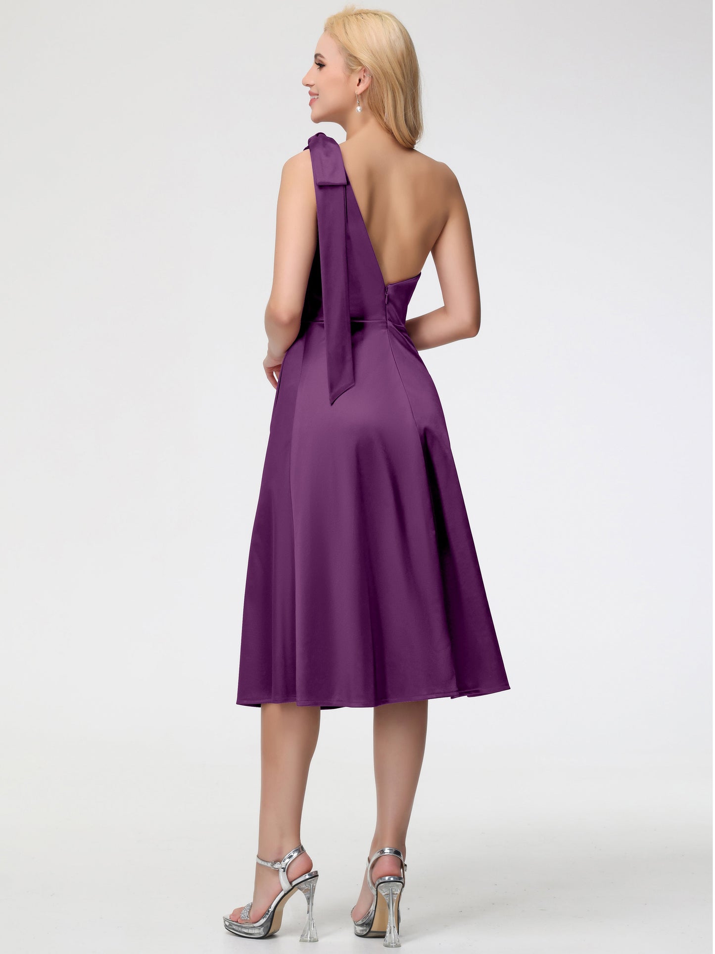 Grape Bridesmaid One Shoulder Tea-Length Sleeveless A-Line Stretch Satin Bridesmaid Dresses