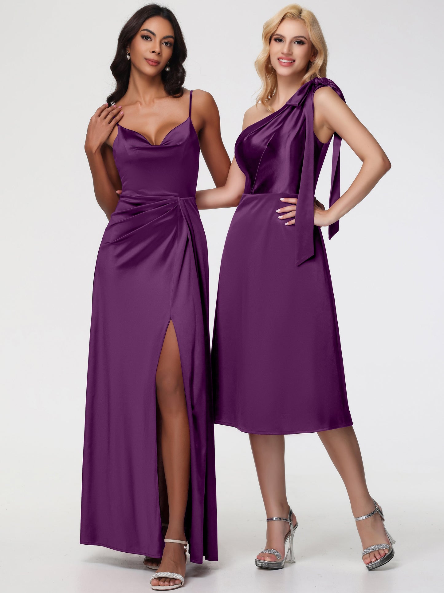 Grape Bridesmaid One Shoulder Tea-Length Sleeveless A-Line Stretch Satin Bridesmaid Dresses