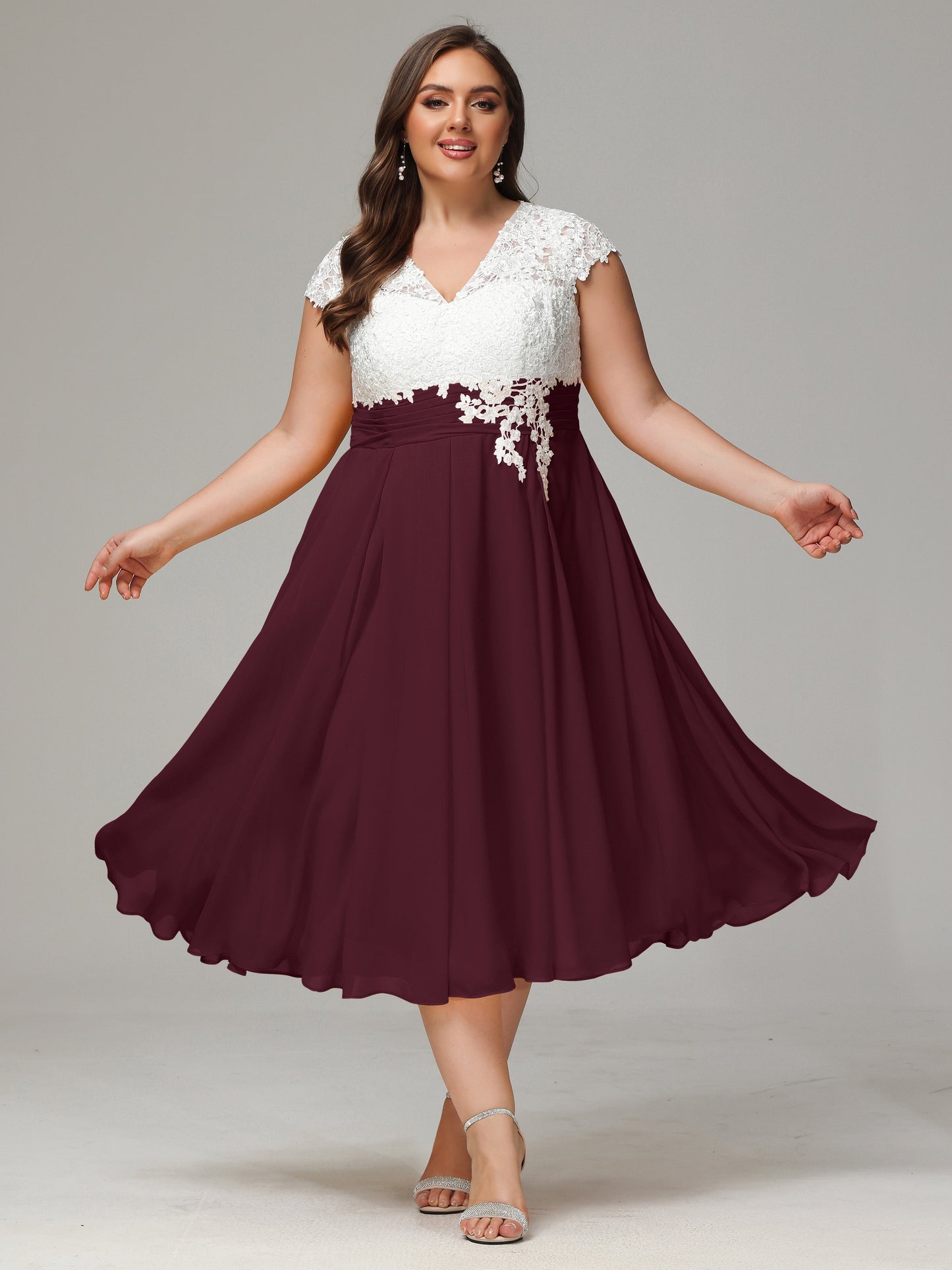 Tea-length Cap Sleeves Chiffon Bridesmaid Dress Plus Size
