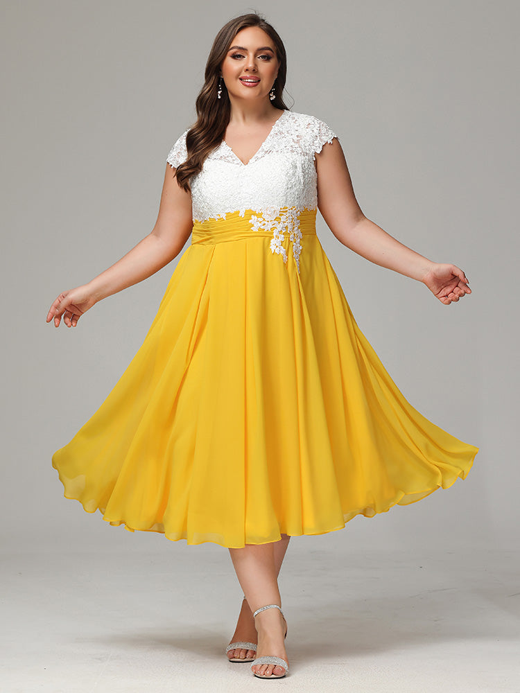 Tea-length Cap Sleeves Chiffon Bridesmaid Dress Plus Size